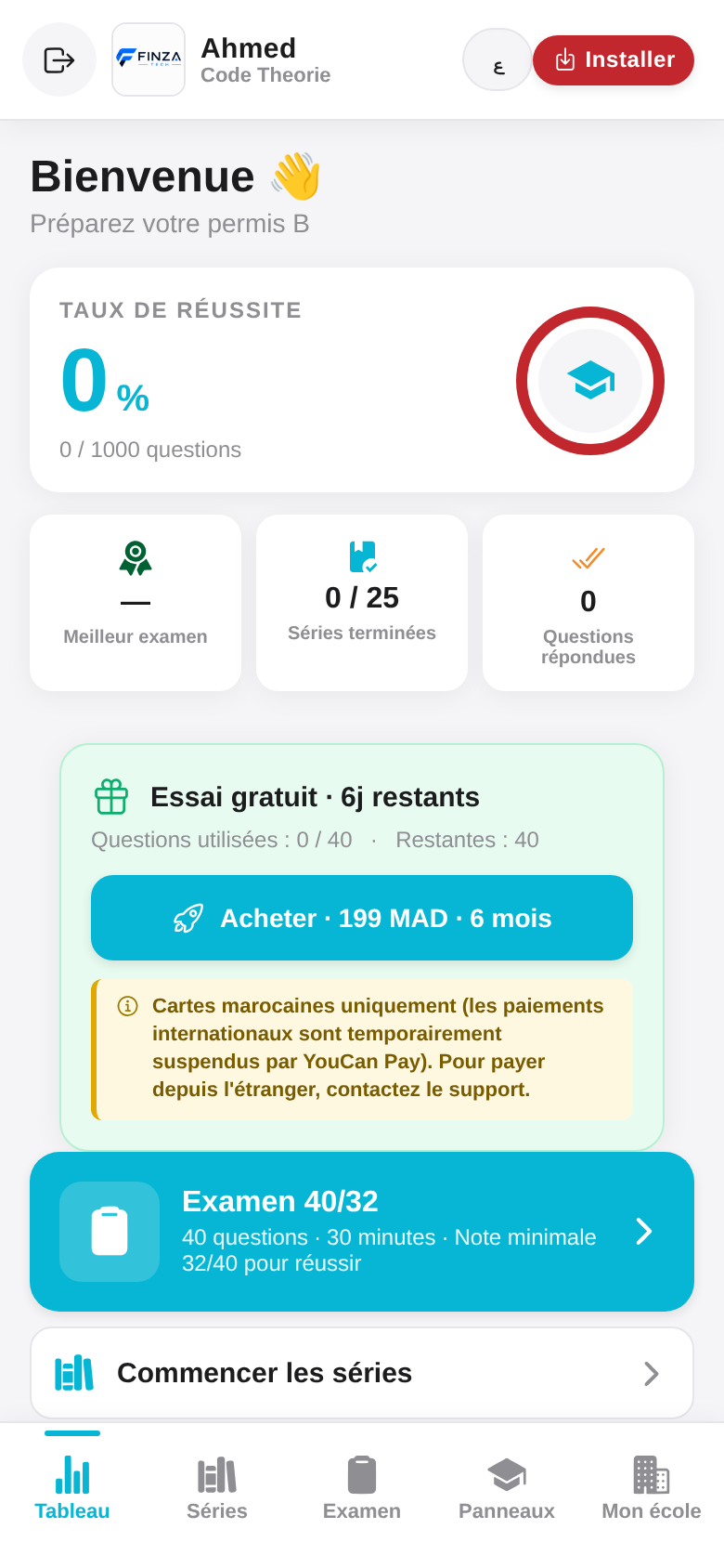 Écran du tableau de bord Code Theorie — taux de réussite, streak, examen blanc